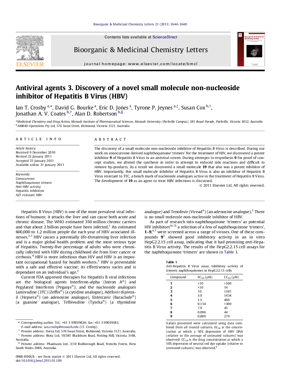 Antiviral agents 3. Discovery of a novel small molecule non-nucleoside inhibitor of Hepatitis B Virus (HBV)