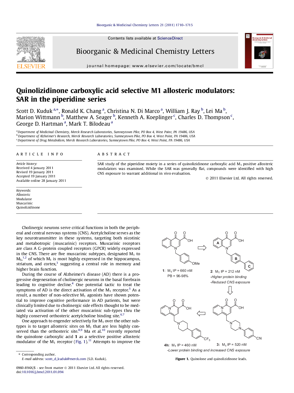 Quinolizidinone carboxylic acid selective M1 allosteric modulators: SAR in the piperidine series