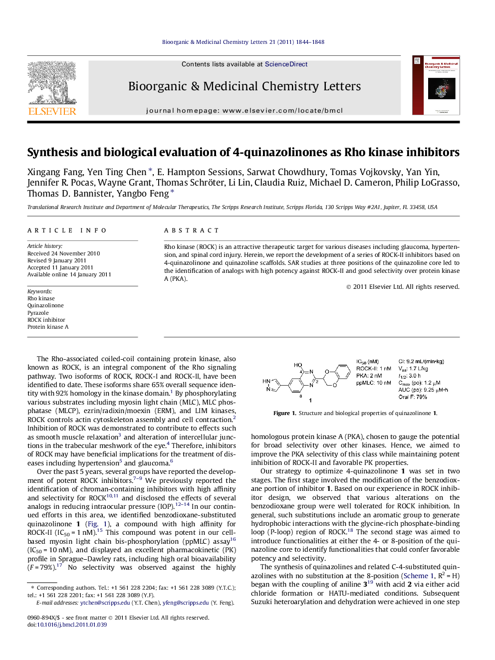 Synthesis and biological evaluation of 4-quinazolinones as Rho kinase inhibitors