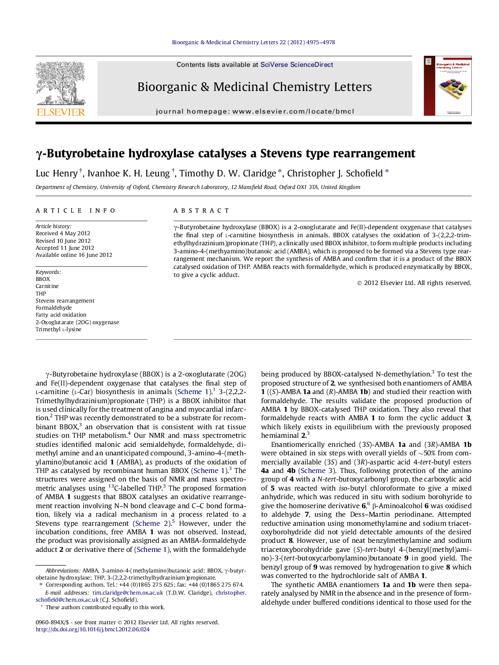 γ-Butyrobetaine hydroxylase catalyses a Stevens type rearrangement