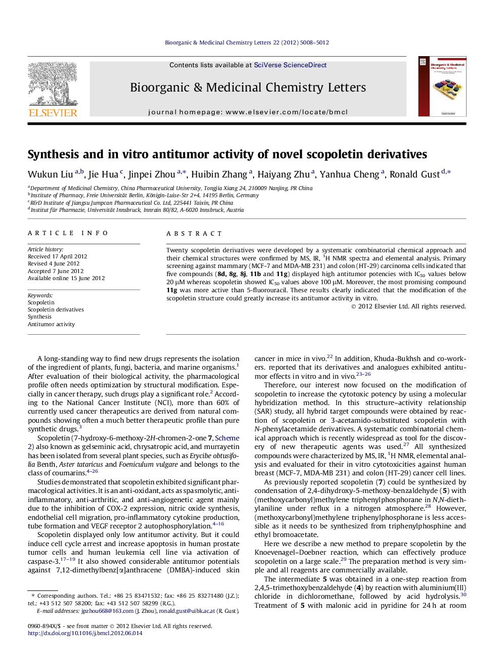 Synthesis and in vitro antitumor activity of novel scopoletin derivatives