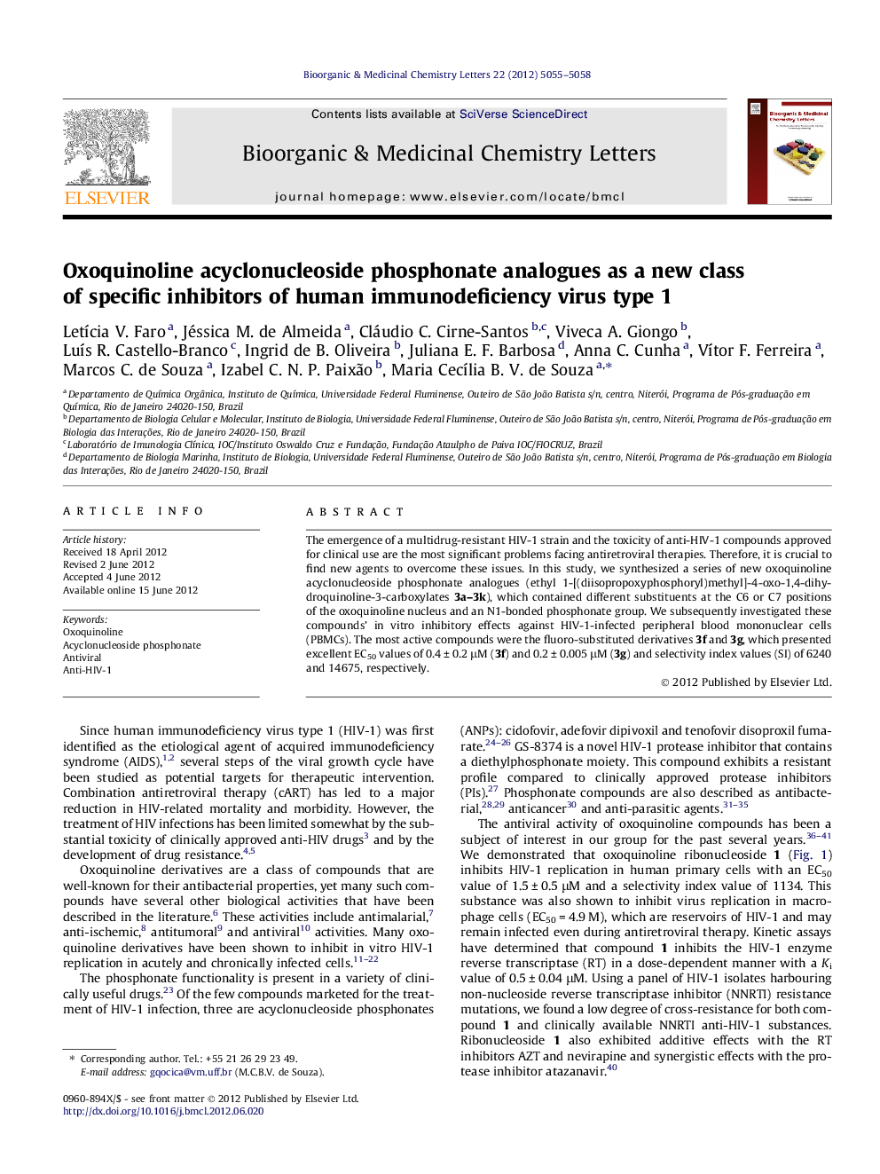 Oxoquinoline acyclonucleoside phosphonate analogues as a new class of specific inhibitors of human immunodeficiency virus type 1