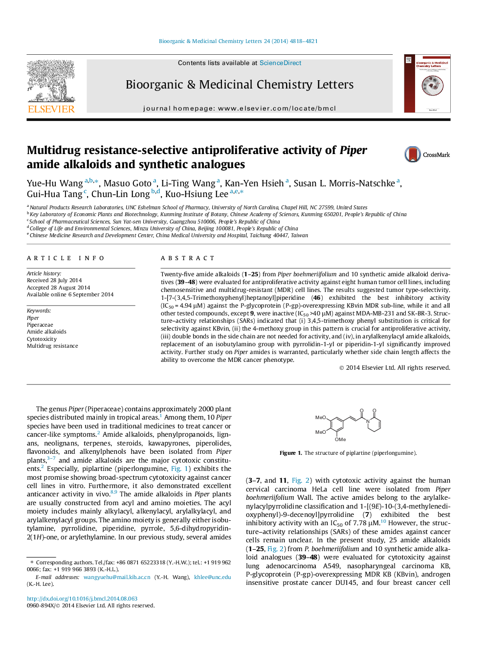 Multidrug resistance-selective antiproliferative activity of Piper amide alkaloids and synthetic analogues