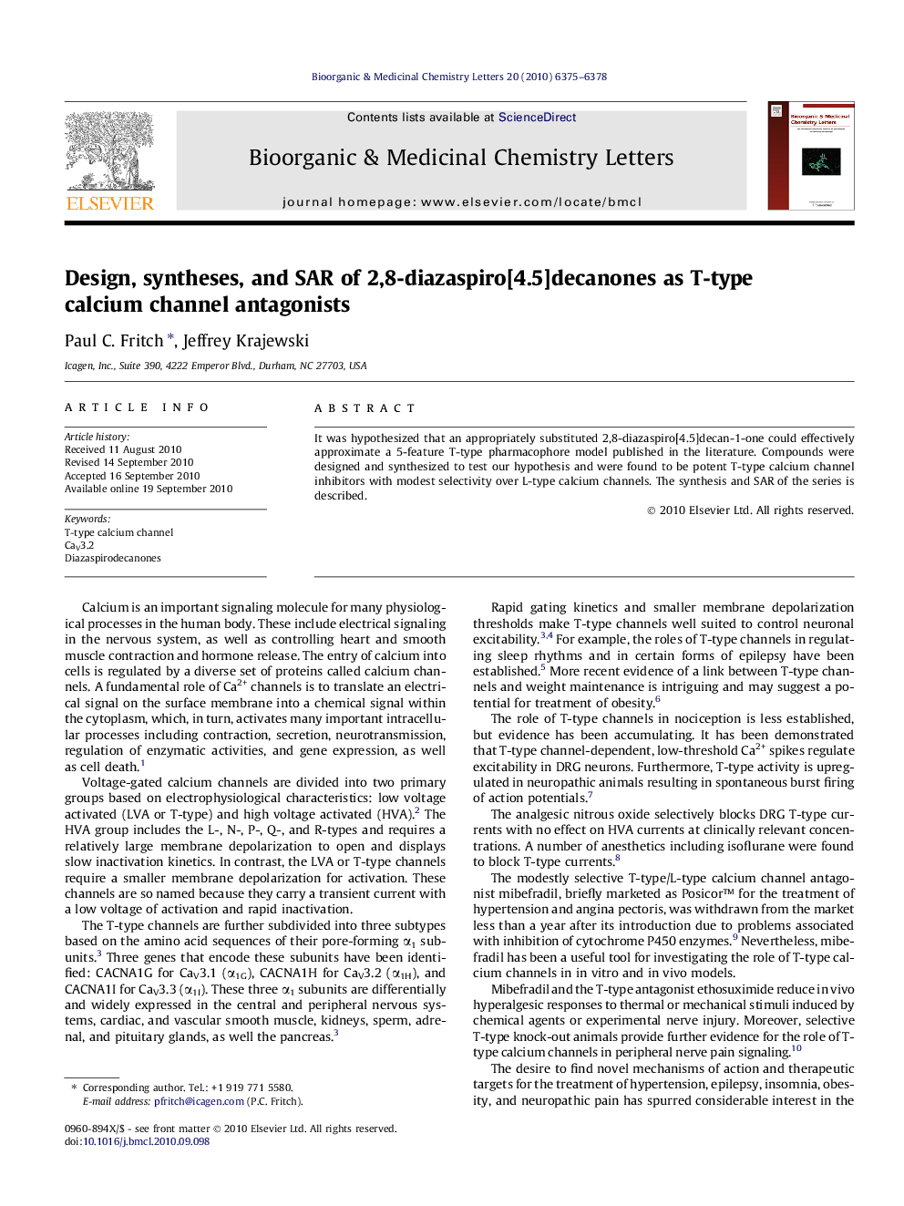 Design, syntheses, and SAR of 2,8-diazaspiro[4.5]decanones as T-type calcium channel antagonists