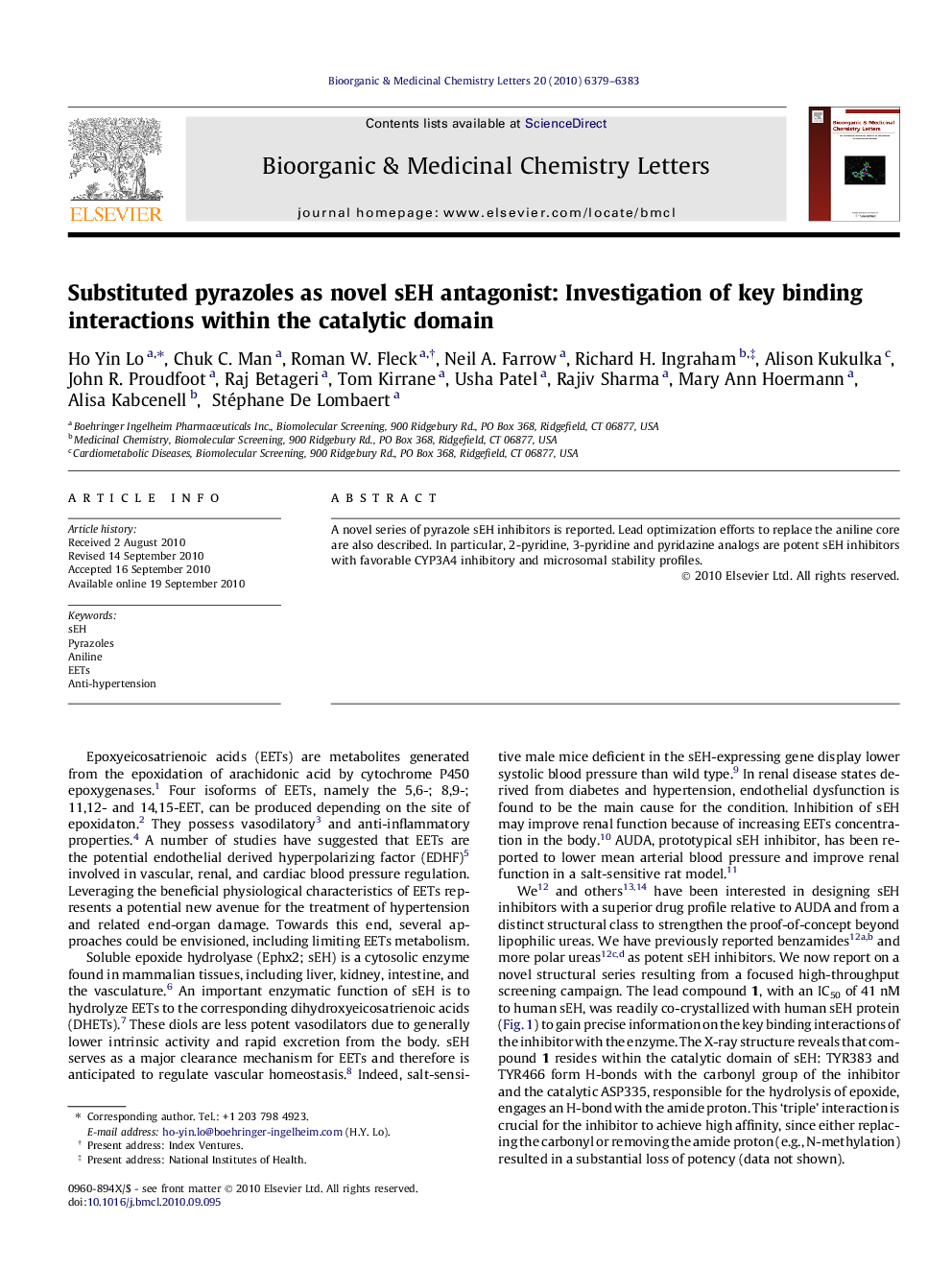 Substituted pyrazoles as novel sEH antagonist: Investigation of key binding interactions within the catalytic domain