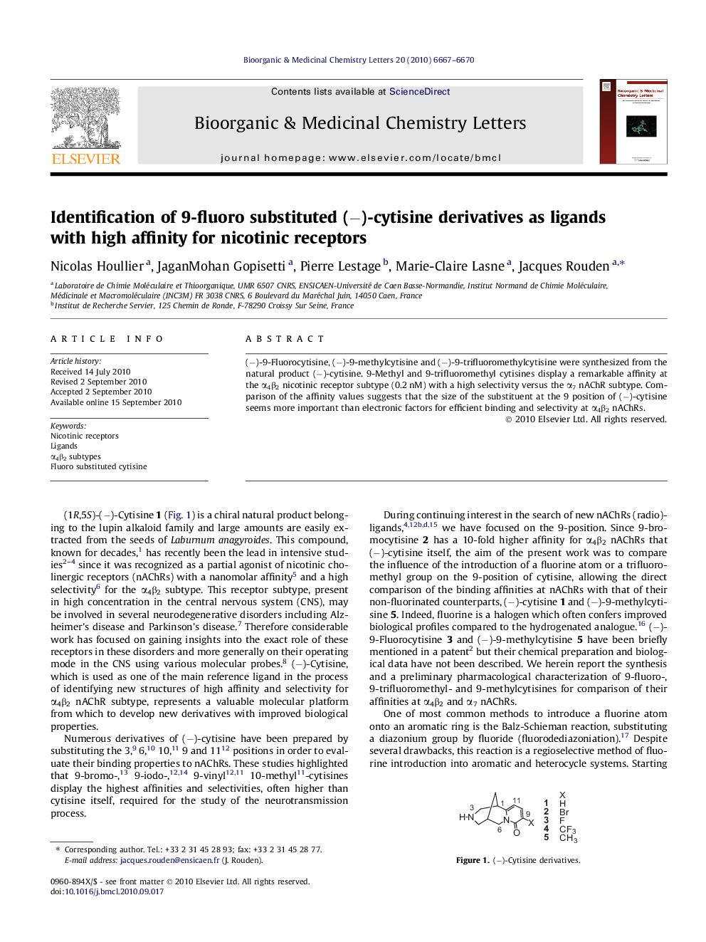 Identification of 9-fluoro substituted (−)-cytisine derivatives as ligands with high affinity for nicotinic receptors