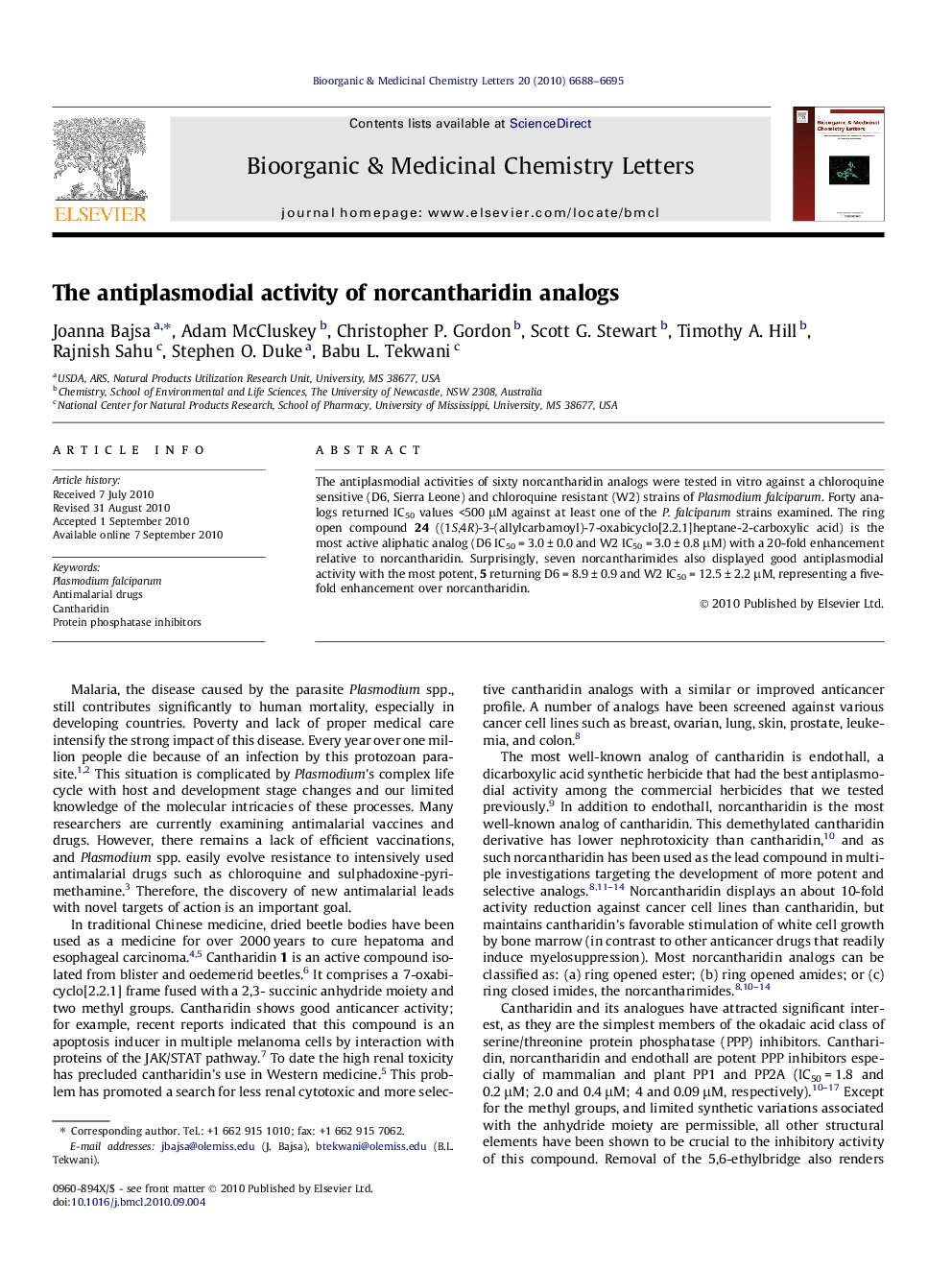 The antiplasmodial activity of norcantharidin analogs