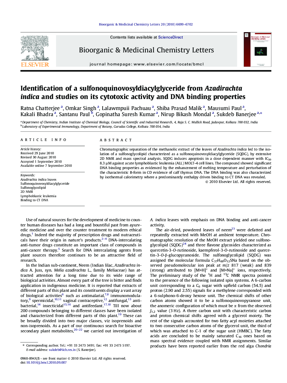 Identification of a sulfonoquinovosyldiacylglyceride from Azadirachta indica and studies on its cytotoxic activity and DNA binding properties