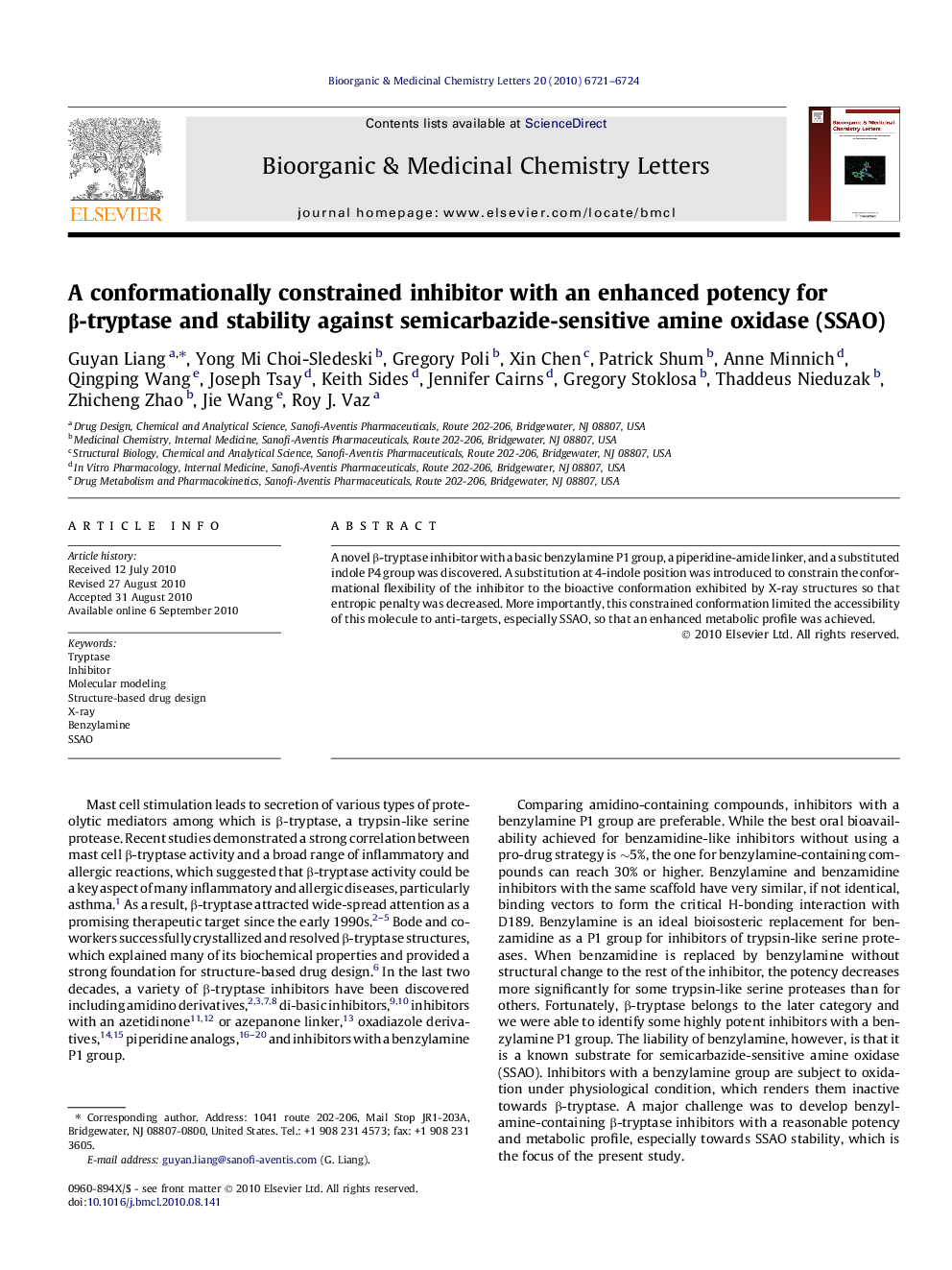 A conformationally constrained inhibitor with an enhanced potency for β-tryptase and stability against semicarbazide-sensitive amine oxidase (SSAO)