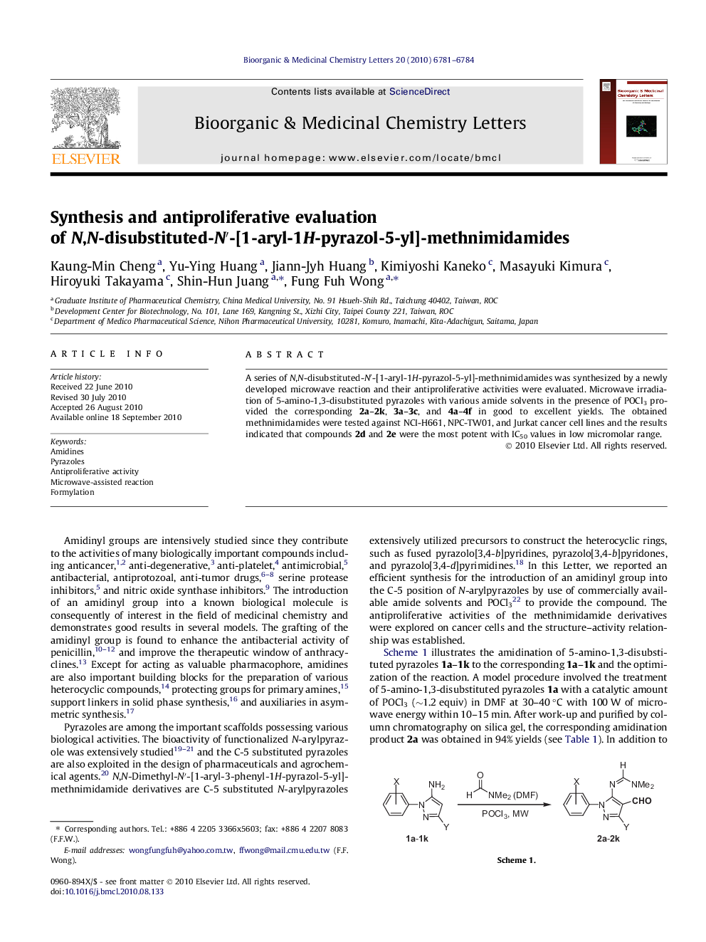 Synthesis and antiproliferative evaluation of N,N-disubstituted-N′-[1-aryl-1H-pyrazol-5-yl]-methnimidamides