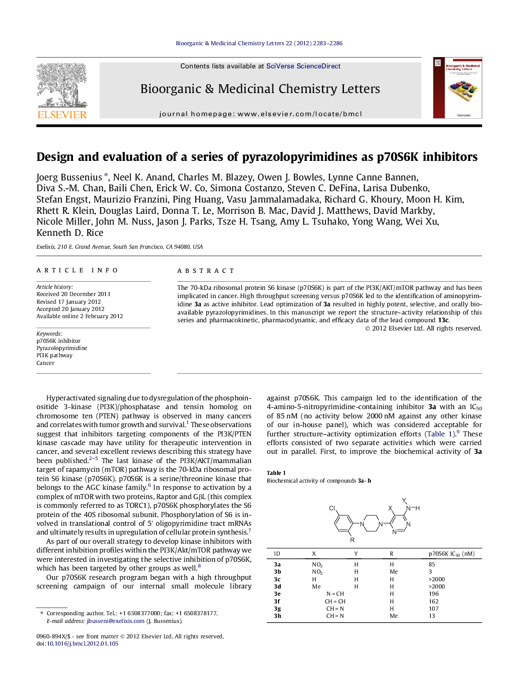 Design and evaluation of a series of pyrazolopyrimidines as p70S6K inhibitors