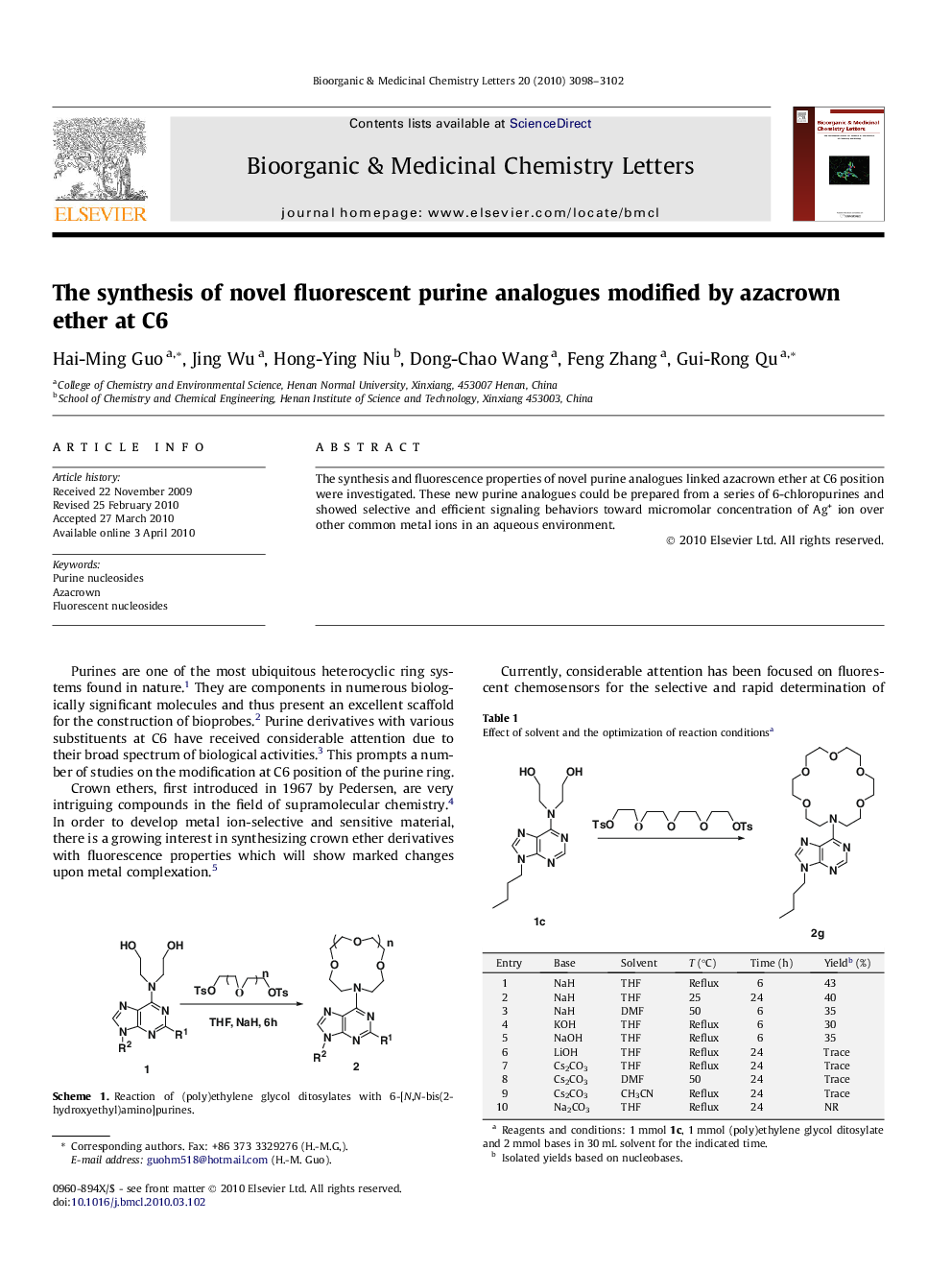 The synthesis of novel fluorescent purine analogues modified by azacrown ether at C6