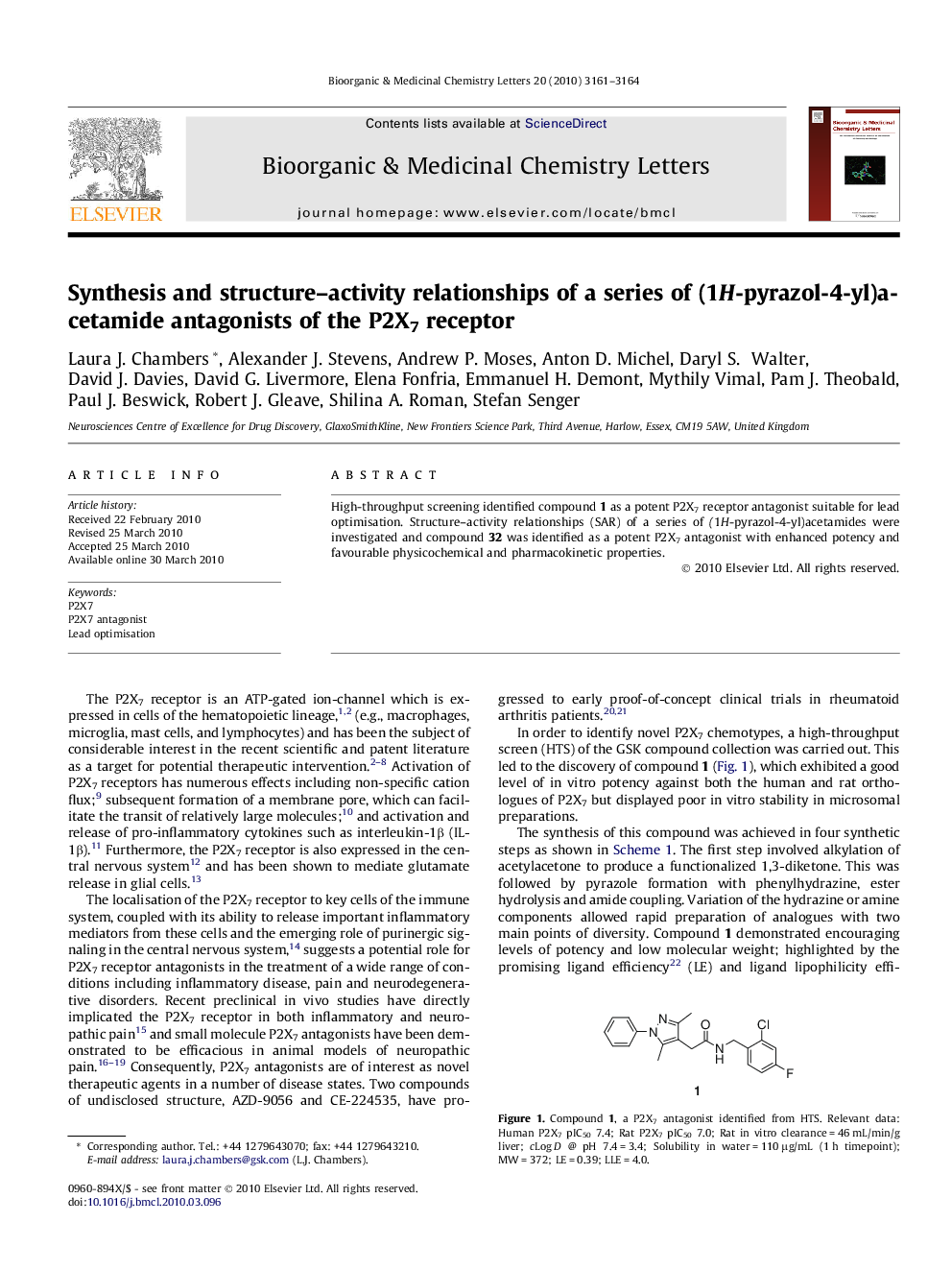 Synthesis and structure–activity relationships of a series of (1H-pyrazol-4-yl)acetamide antagonists of the P2X7 receptor