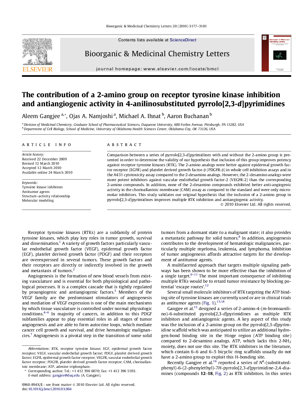 The contribution of a 2-amino group on receptor tyrosine kinase inhibition and antiangiogenic activity in 4-anilinosubstituted pyrrolo[2,3-d]pyrimidines