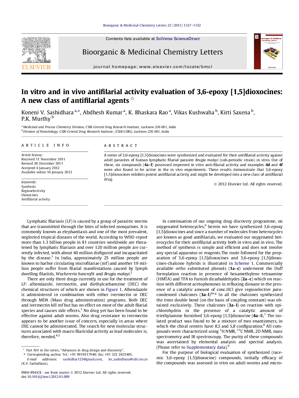 In vitro and in vivo antifilarial activity evaluation of 3,6-epoxy [1,5]dioxocines: A new class of antifilarial agents 