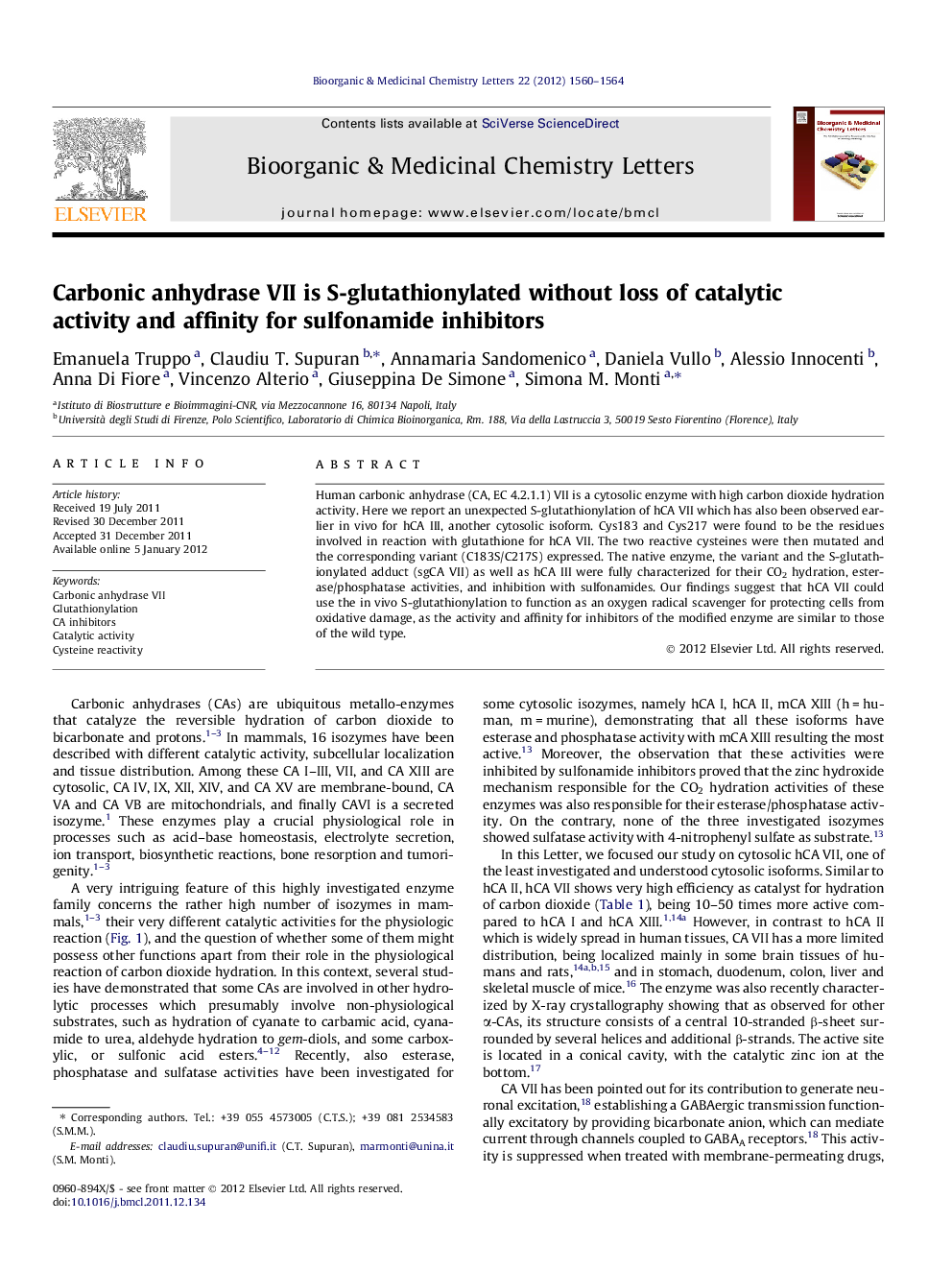 Carbonic anhydrase VII is S-glutathionylated without loss of catalytic activity and affinity for sulfonamide inhibitors