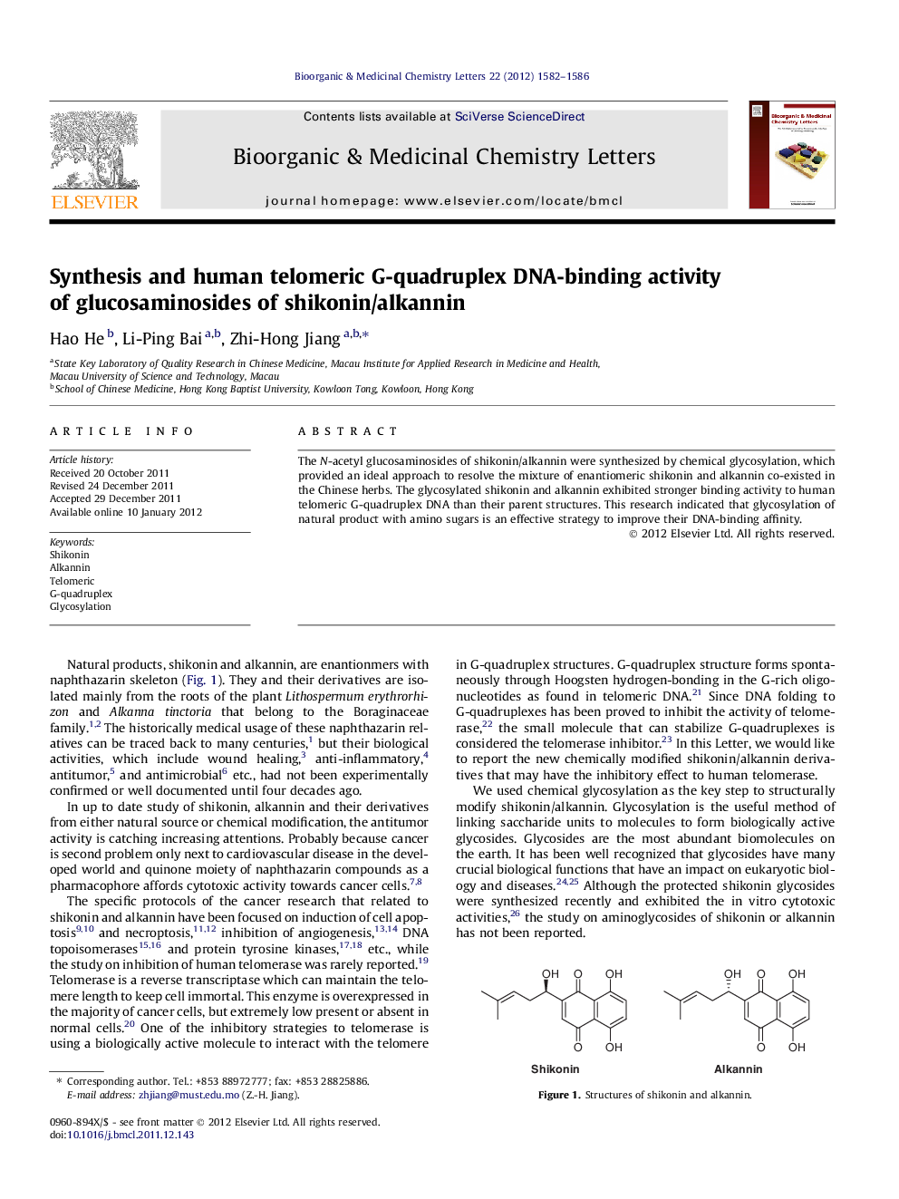 Synthesis and human telomeric G-quadruplex DNA-binding activity of glucosaminosides of shikonin/alkannin