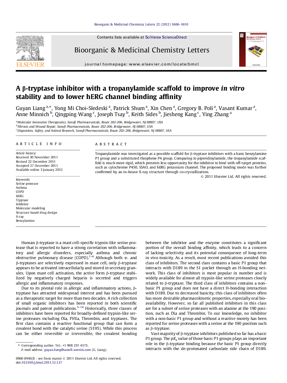 A Î²-tryptase inhibitor with a tropanylamide scaffold to improve in vitro stability and to lower hERG channel binding affinity