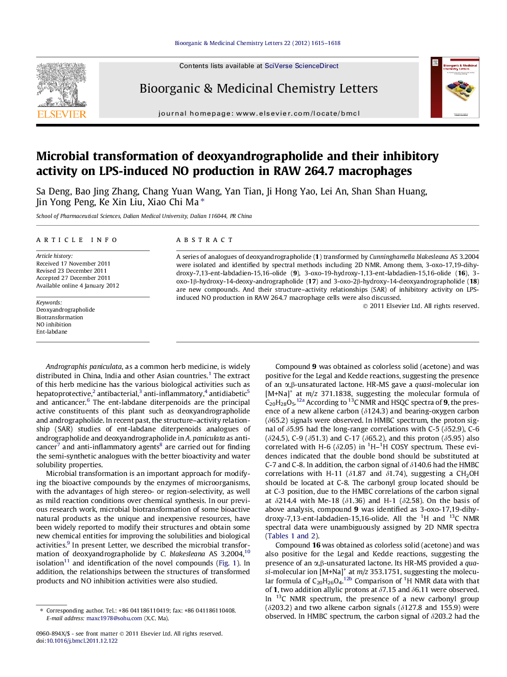 Microbial transformation of deoxyandrographolide and their inhibitory activity on LPS-induced NO production in RAW 264.7 macrophages