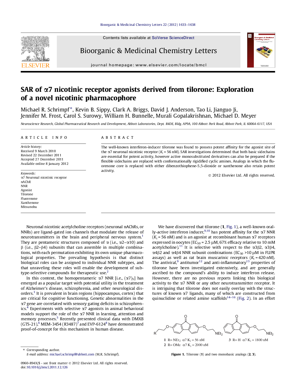 SAR of α7 nicotinic receptor agonists derived from tilorone: Exploration of a novel nicotinic pharmacophore