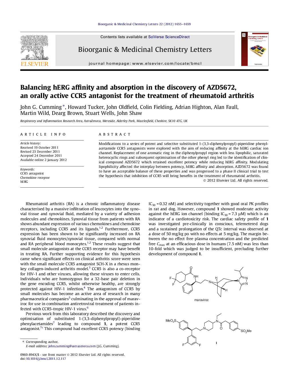 Balancing hERG affinity and absorption in the discovery of AZD5672, an orally active CCR5 antagonist for the treatment of rheumatoid arthritis