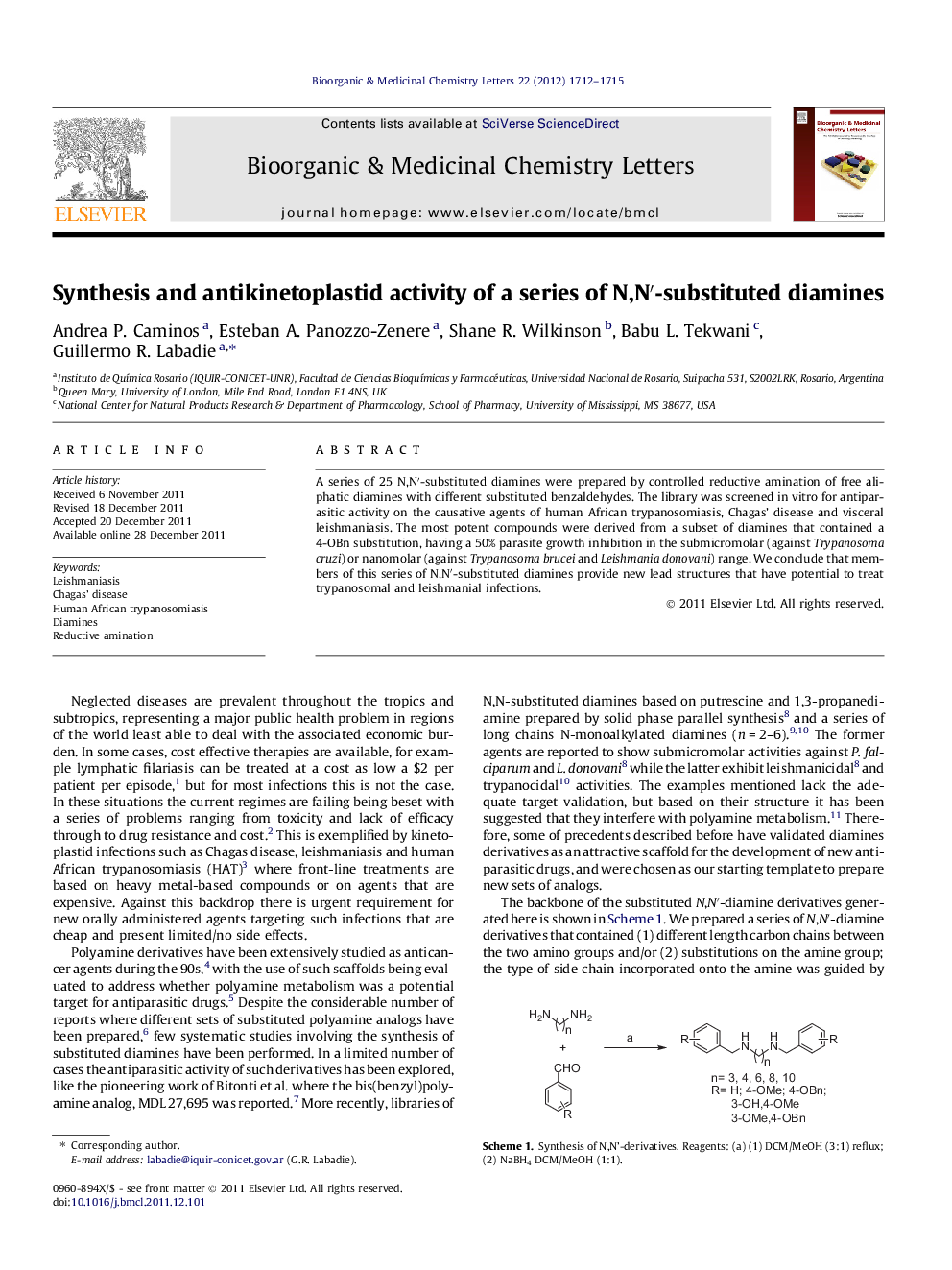 عکس صفحه اول مقاله: Synthesis and antikinetoplastid activity of a series of N,N′-substituted diamines Synthesis and antikinetoplastid activity of a series of N,N′-substituted diamines