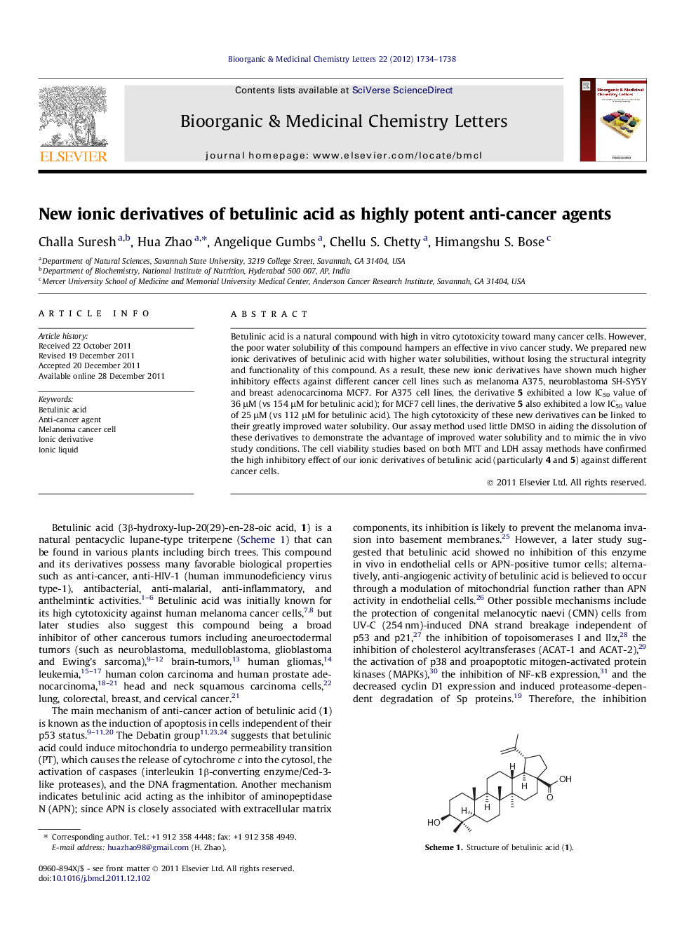 New ionic derivatives of betulinic acid as highly potent anti-cancer agents