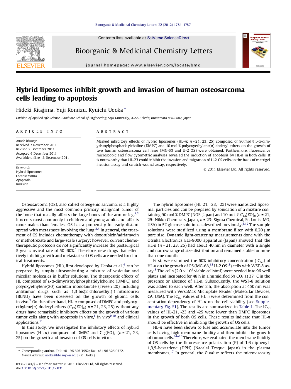 Hybrid liposomes inhibit growth and invasion of human osteosarcoma cells leading to apoptosis