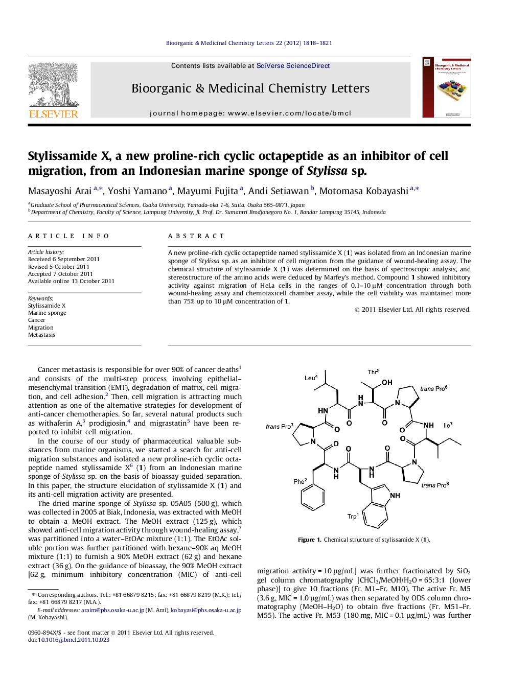 Stylissamide X, a new proline-rich cyclic octapeptide as an inhibitor of cell migration, from an Indonesian marine sponge of Stylissa sp.