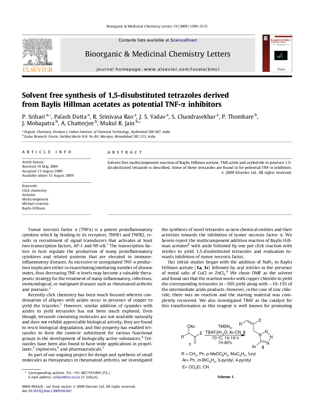 Solvent free synthesis of 1,5-disubstituted tetrazoles derived from Baylis Hillman acetates as potential TNF-α inhibitors