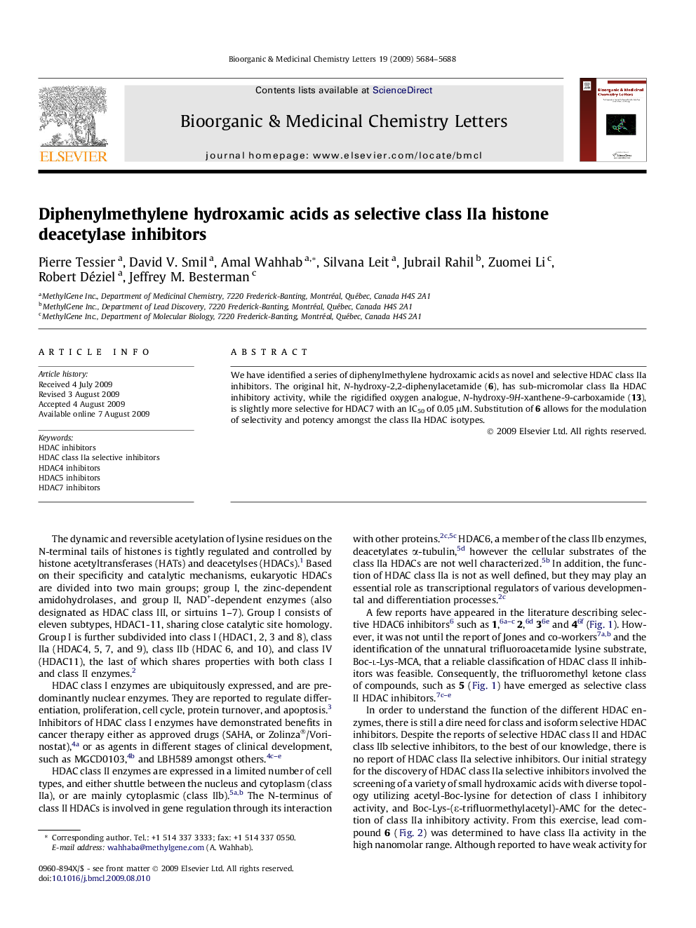 Diphenylmethylene hydroxamic acids as selective class IIa histone deacetylase inhibitors