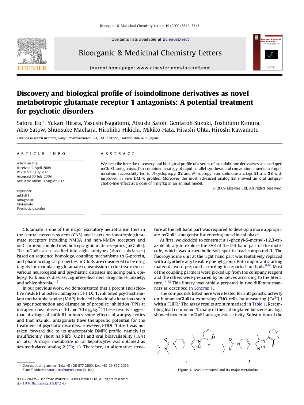 Discovery and biological profile of isoindolinone derivatives as novel metabotropic glutamate receptor 1 antagonists: A potential treatment for psychotic disorders