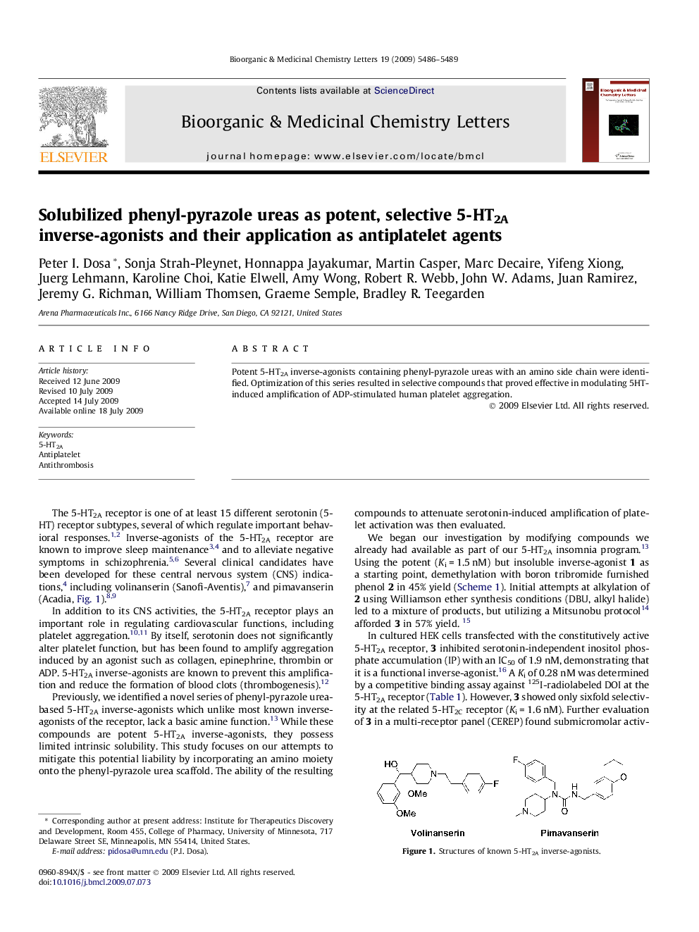 Solubilized phenyl-pyrazole ureas as potent, selective 5-HT2A inverse-agonists and their application as antiplatelet agents