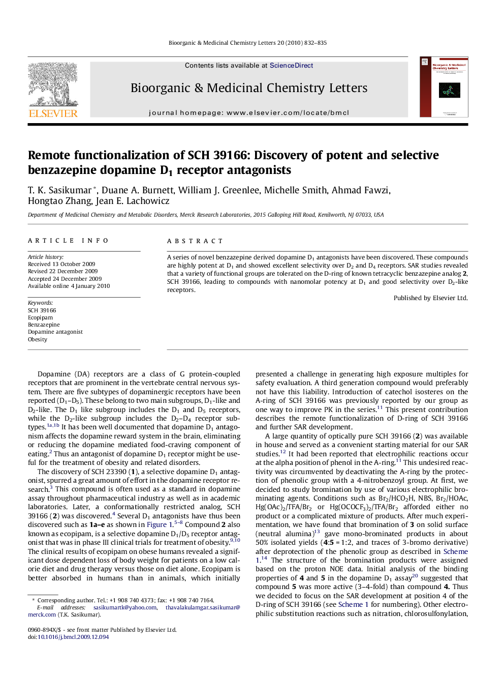 Remote functionalization of SCH 39166: Discovery of potent and selective benzazepine dopamine D1 receptor antagonists