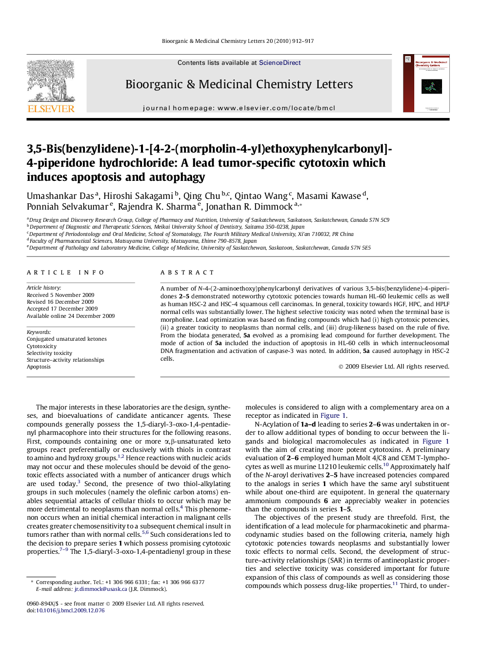 3,5-Bis(benzylidene)-1-[4-2-(morpholin-4-yl)ethoxyphenylcarbonyl]-4-piperidone hydrochloride: A lead tumor-specific cytotoxin which induces apoptosis and autophagy