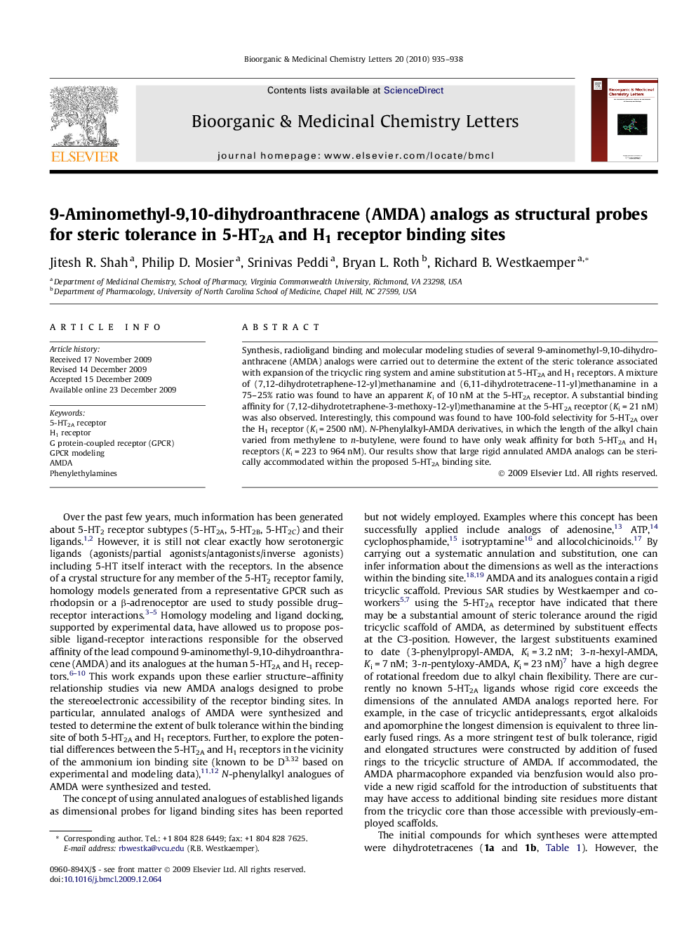 9-Aminomethyl-9,10-dihydroanthracene (AMDA) analogs as structural probes for steric tolerance in 5-HT2A and H1 receptor binding sites