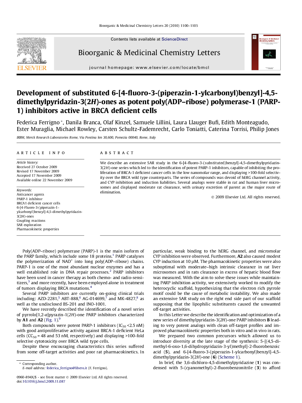 Development of substituted 6-[4-fluoro-3-(piperazin-1-ylcarbonyl)benzyl]-4,5-dimethylpyridazin-3(2H)-ones as potent poly(ADP–ribose) polymerase-1 (PARP-1) inhibitors active in BRCA deficient cells