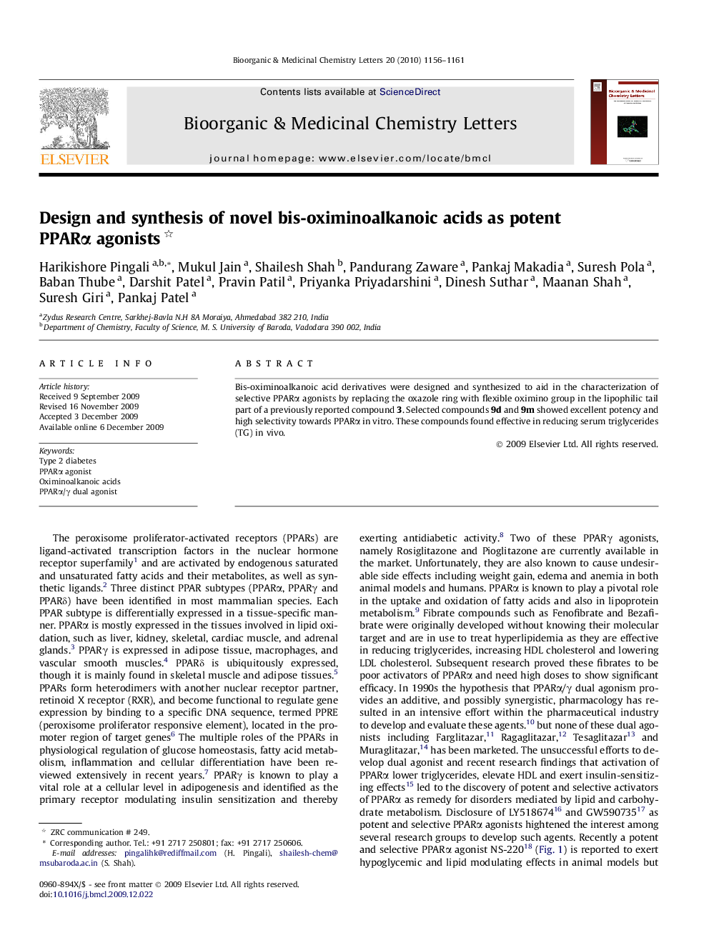 Design and synthesis of novel bis-oximinoalkanoic acids as potent PPARα agonists 
