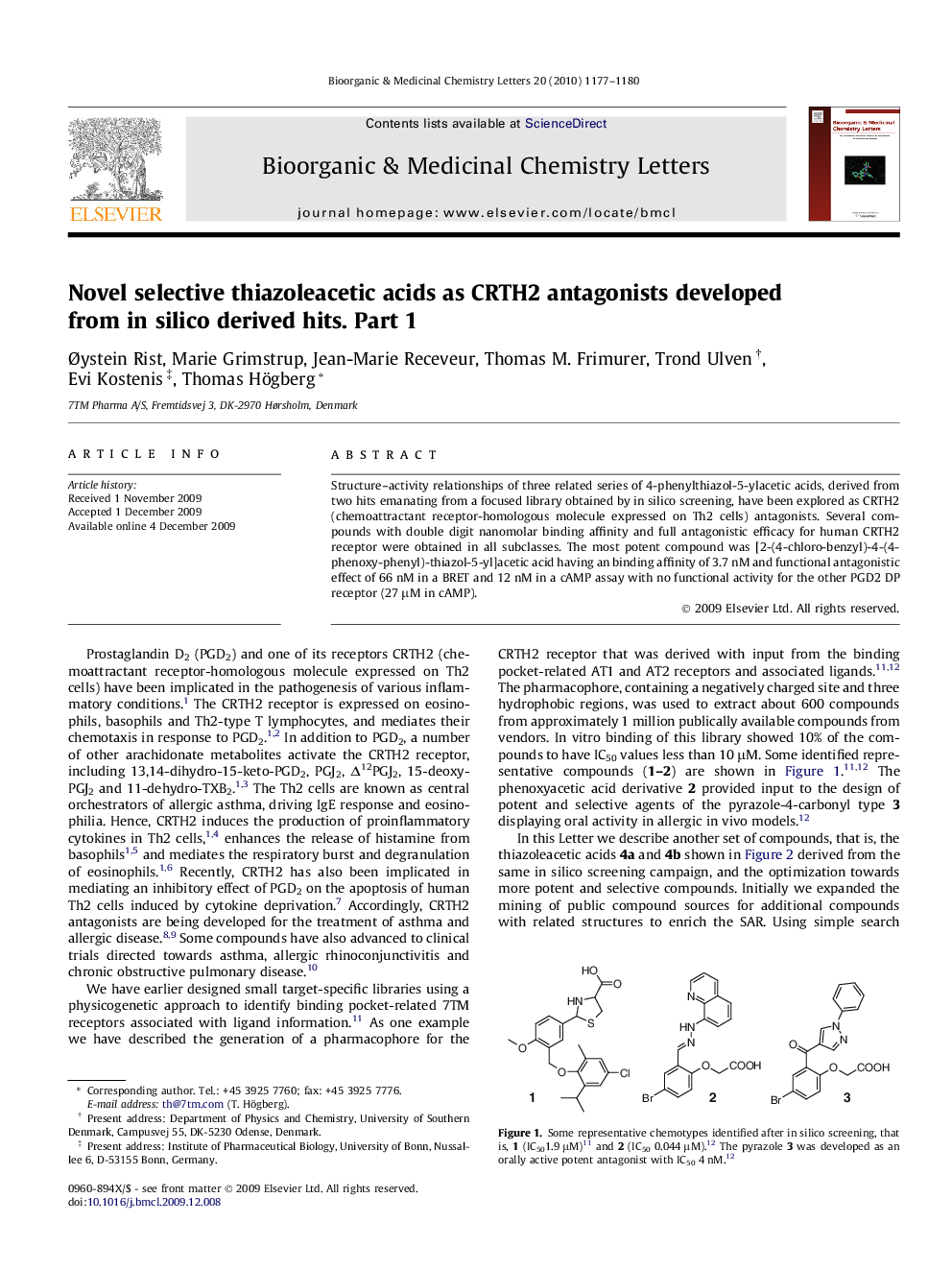 Novel selective thiazoleacetic acids as CRTH2 antagonists developed from in silico derived hits. Part 1
