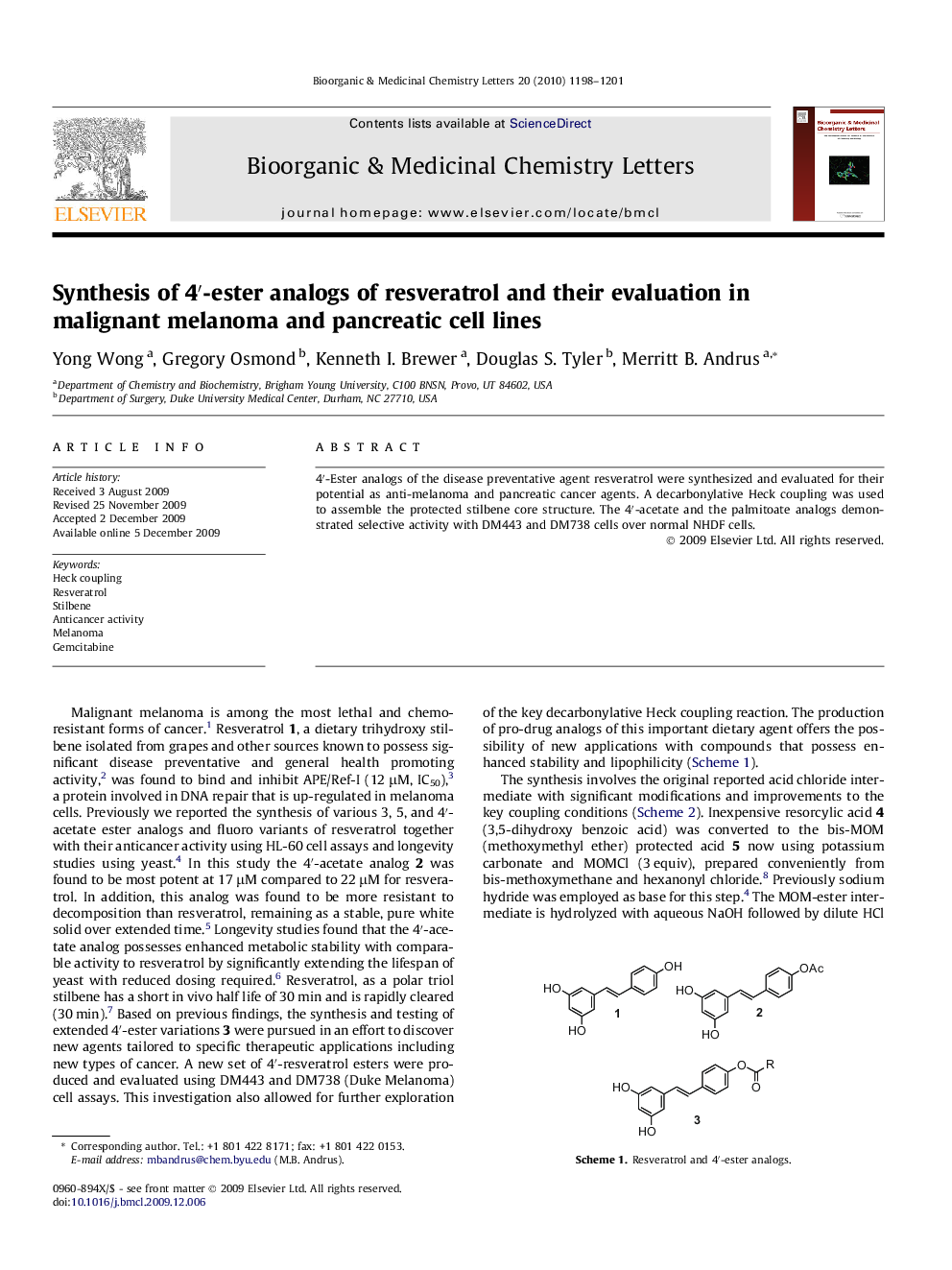 Synthesis of 4′-ester analogs of resveratrol and their evaluation in malignant melanoma and pancreatic cell lines