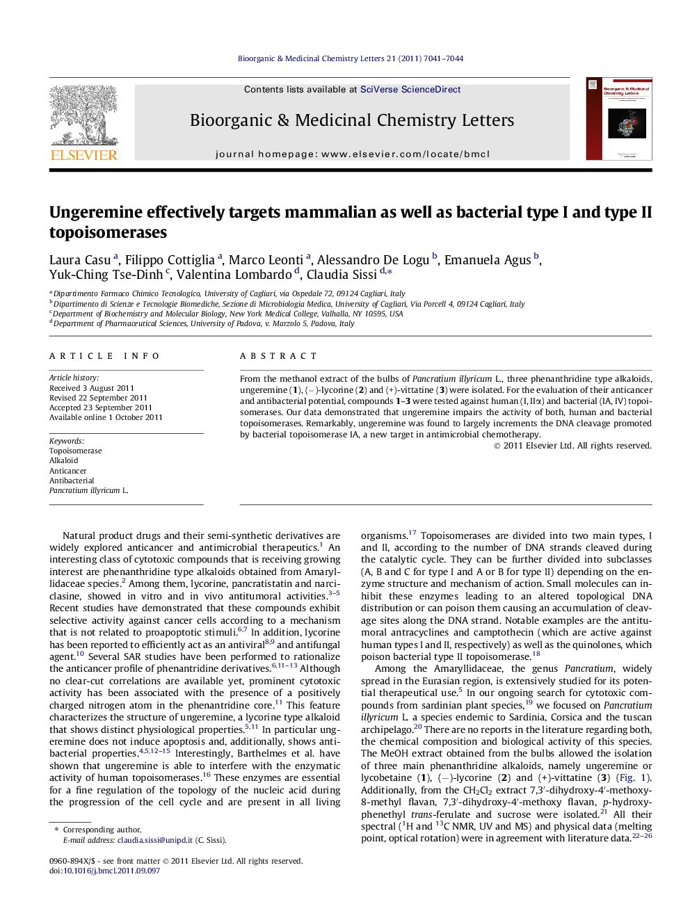 Ungeremine effectively targets mammalian as well as bacterial type I and type II topoisomerases