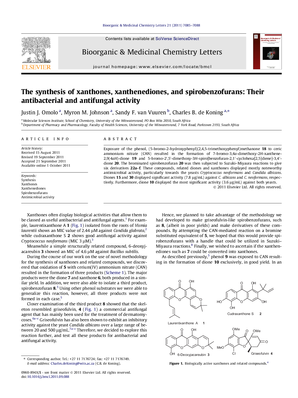 The synthesis of xanthones, xanthenediones, and spirobenzofurans: Their antibacterial and antifungal activity