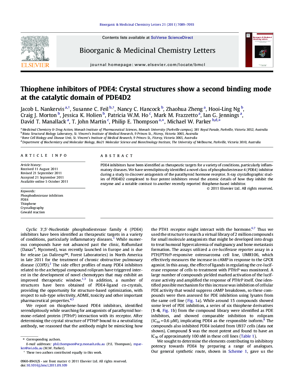 Thiophene inhibitors of PDE4: Crystal structures show a second binding mode at the catalytic domain of PDE4D2