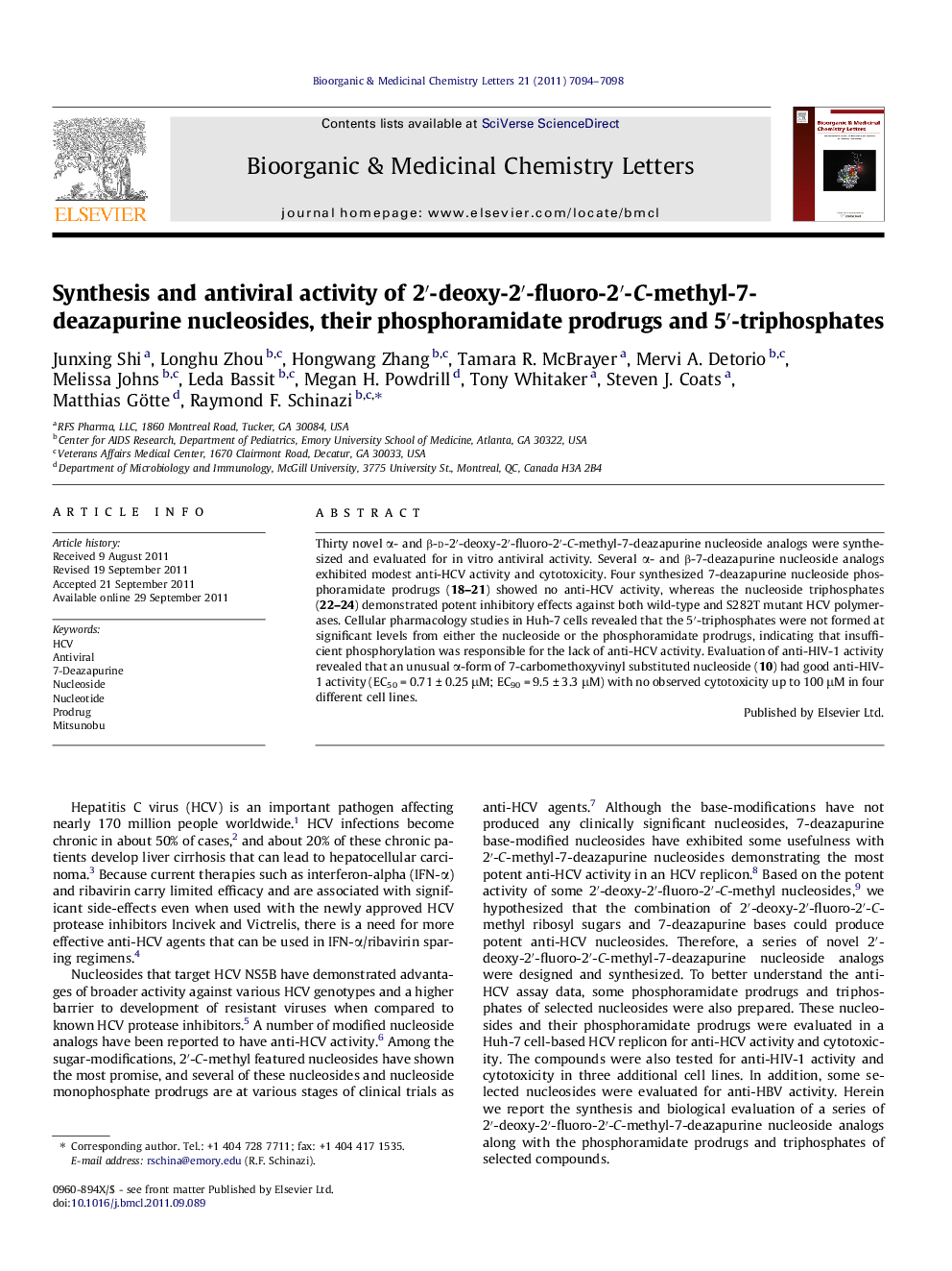 Synthesis and antiviral activity of 2′-deoxy-2′-fluoro-2′-C-methyl-7-deazapurine nucleosides, their phosphoramidate prodrugs and 5′-triphosphates