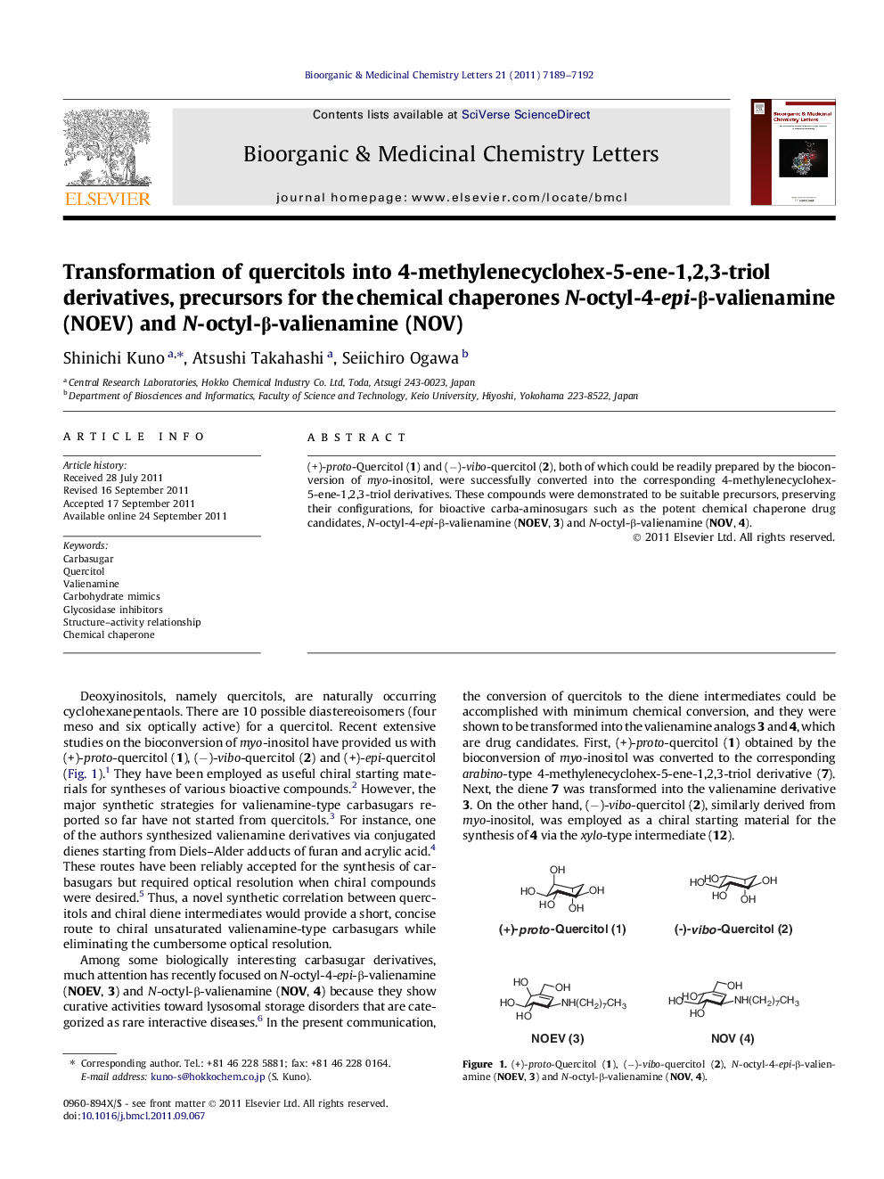 Transformation of quercitols into 4-methylenecyclohex-5-ene-1,2,3-triol derivatives, precursors for the chemical chaperones N-octyl-4-epi-β-valienamine (NOEV) and N-octyl-β-valienamine (NOV)