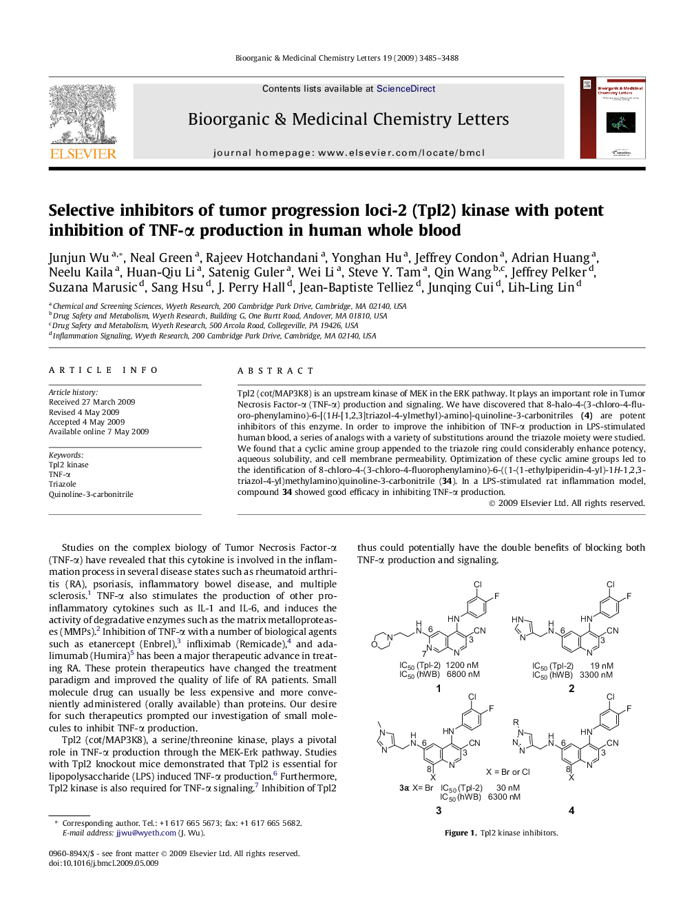 Selective inhibitors of tumor progression loci-2 (Tpl2) kinase with potent inhibition of TNF-α production in human whole blood