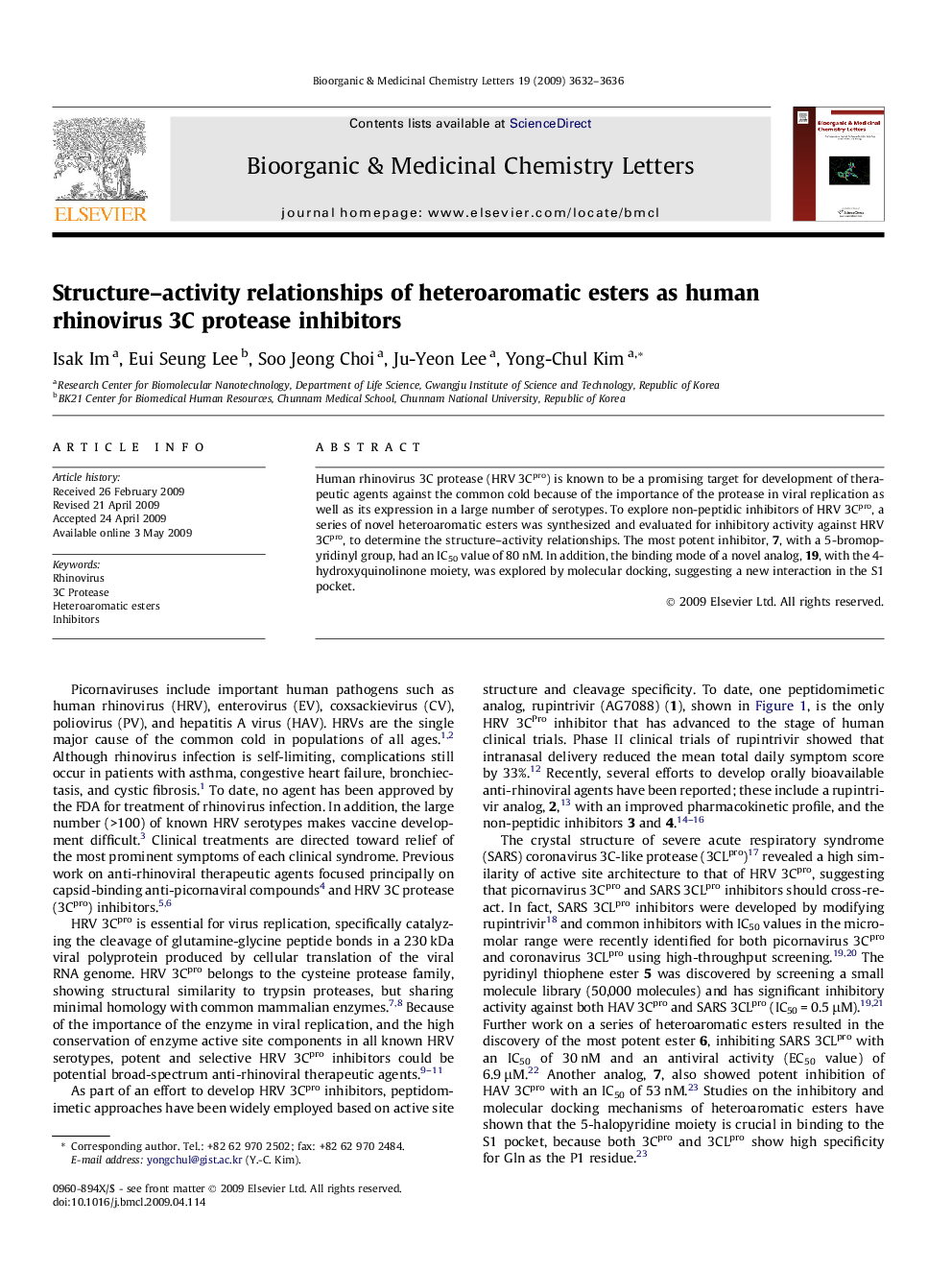 Structure–activity relationships of heteroaromatic esters as human rhinovirus 3C protease inhibitors