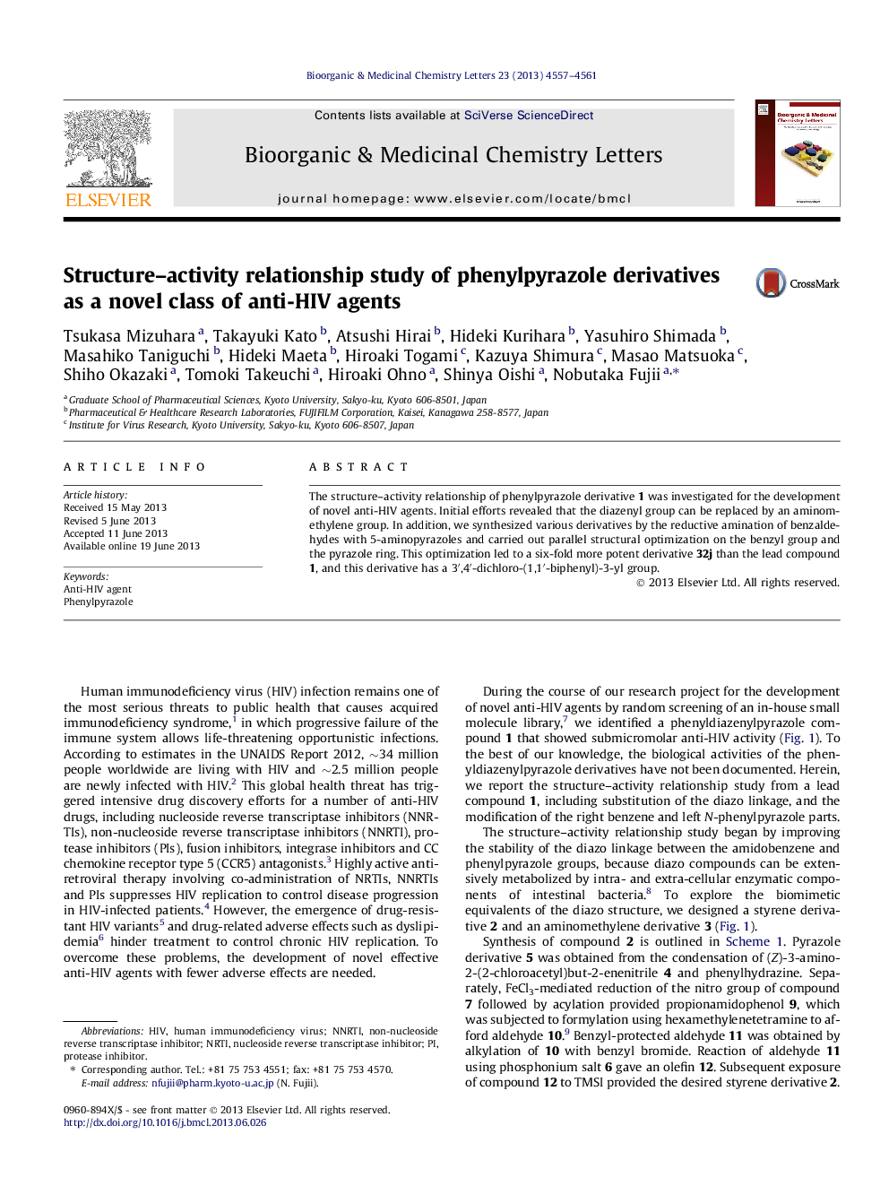 Structure–activity relationship study of phenylpyrazole derivatives as a novel class of anti-HIV agents