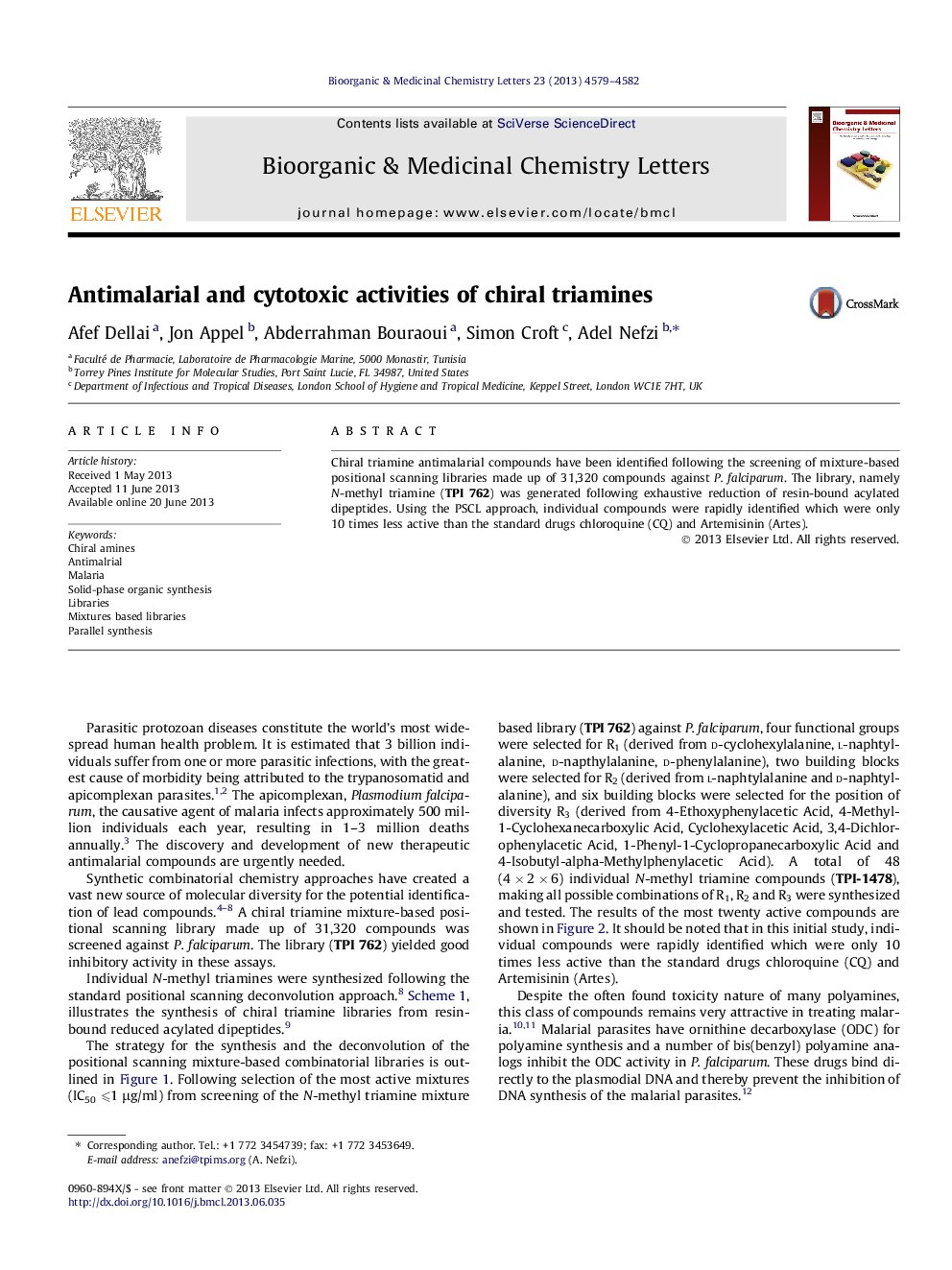 Antimalarial and cytotoxic activities of chiral triamines