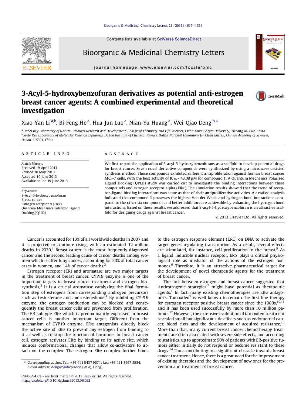 3-Acyl-5-hydroxybenzofuran derivatives as potential anti-estrogen breast cancer agents: A combined experimental and theoretical investigation